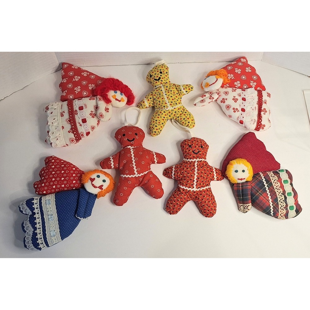 Lot Of 7 Handmade Ornaments Patchwork Calico Angel's Gingerbread Men Vtg